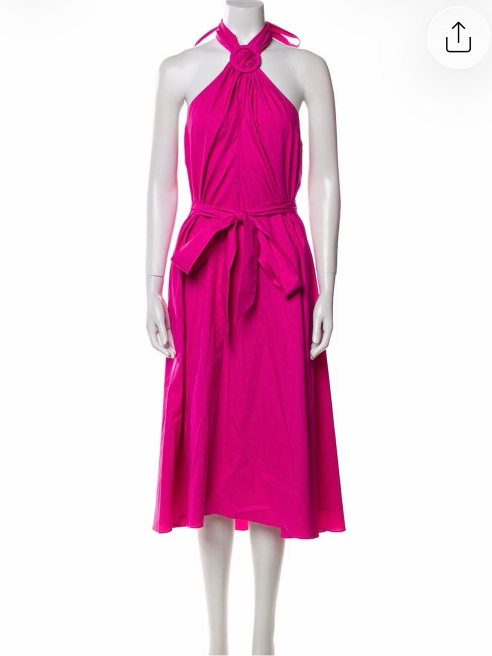 STAUD Bright Fuchsia Halter Midi Dress with Waist Tie